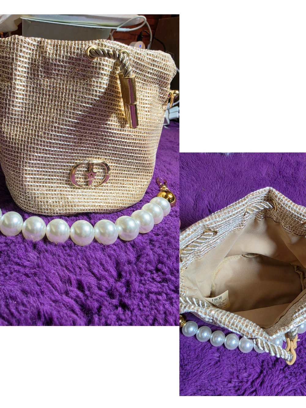 Small Gold Straw Bucket Bag with Pearl Handle(GWP)